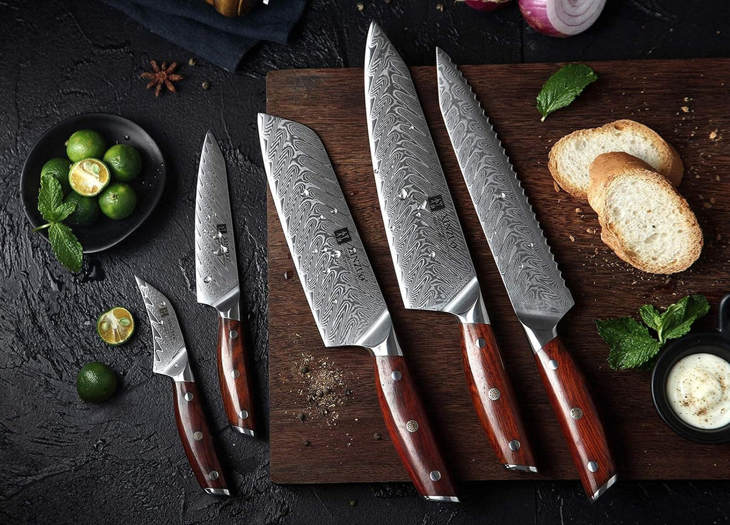 XINZUO 7PCS Knife Block Set,Professional Damascus Steel Chef Knife Santoku Bread Utility Fruit Knife with Multifunctional Kitchen Shears,Ergonomic Rosewood Handle