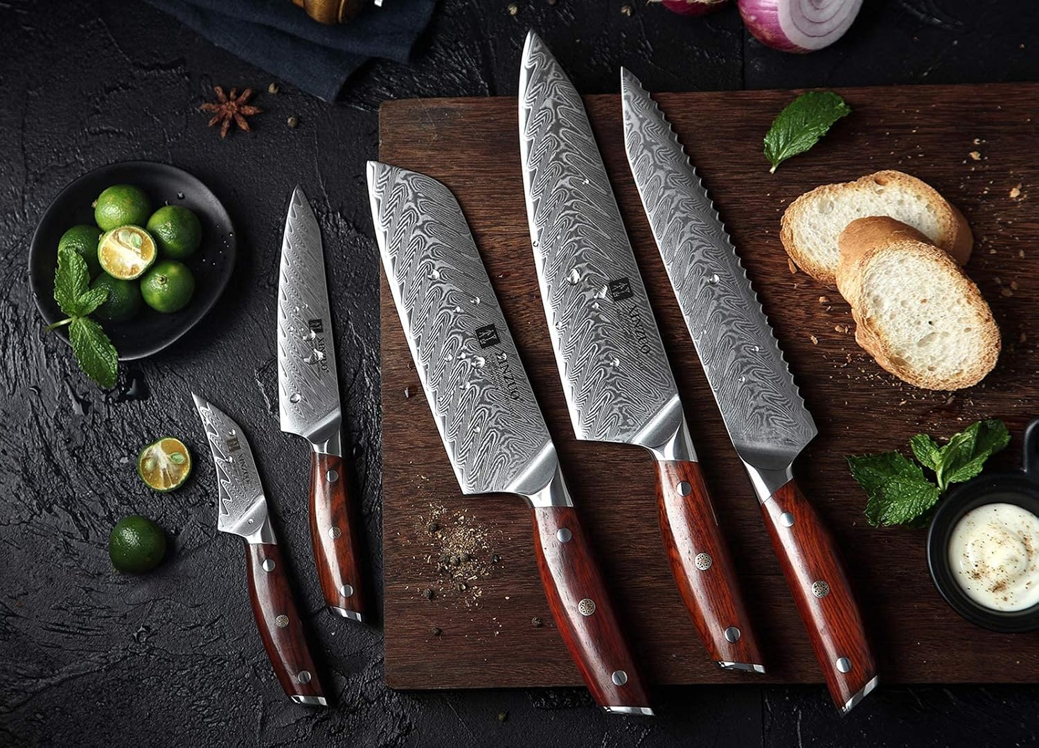 XINZUO 7PCS Knife Block Set,Professional Damascus Steel Chef Knife Santoku Bread Utility Fruit Knife with Multifunctional Kitchen Shears,Ergonomic Rosewood Handle