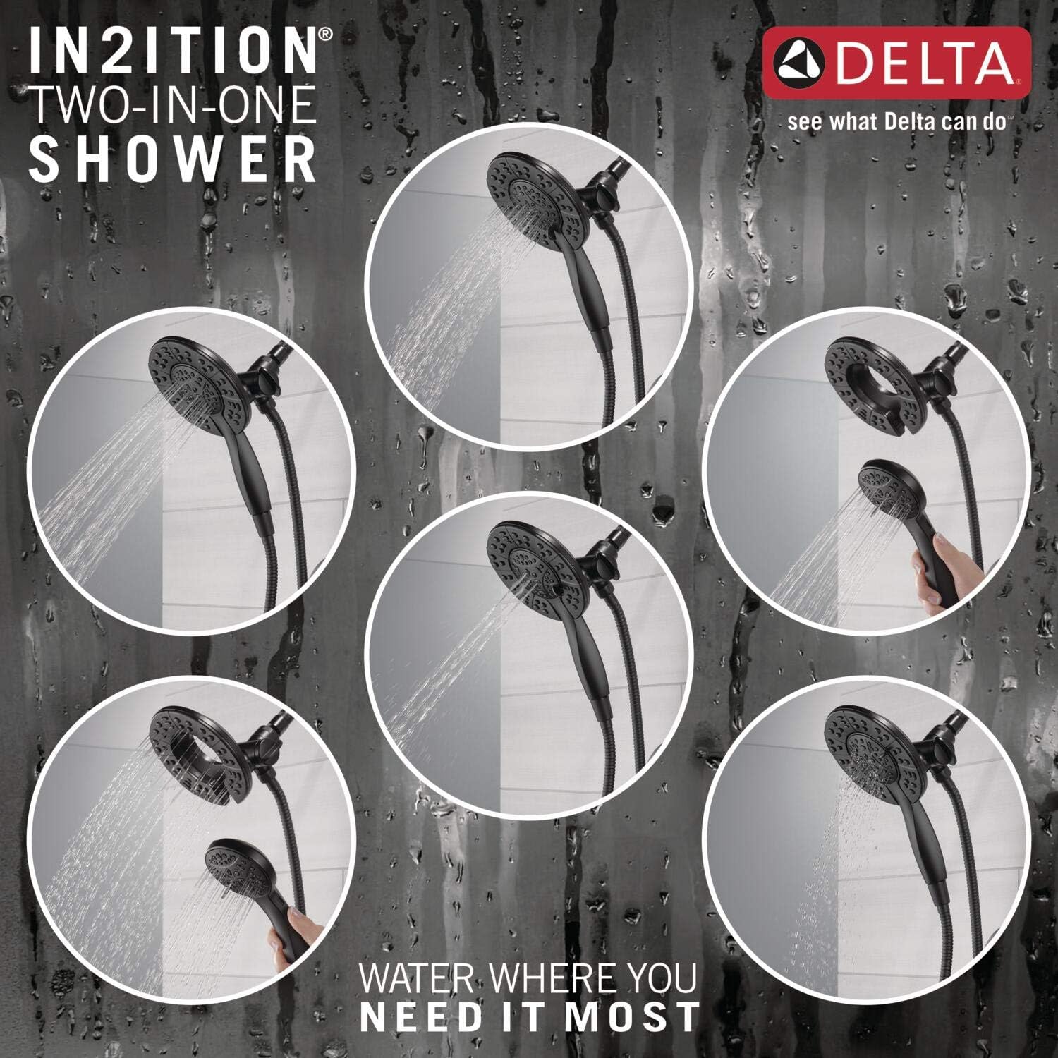 Delta Arvo 14 Series Matte Black Bathtub Shower Faucet Set with In2ition 2-in-1 Dual Shower Head with Handheld Spray Combo, Valve Trim Kit, Matte Black 144840-BL-I (Valve Included)