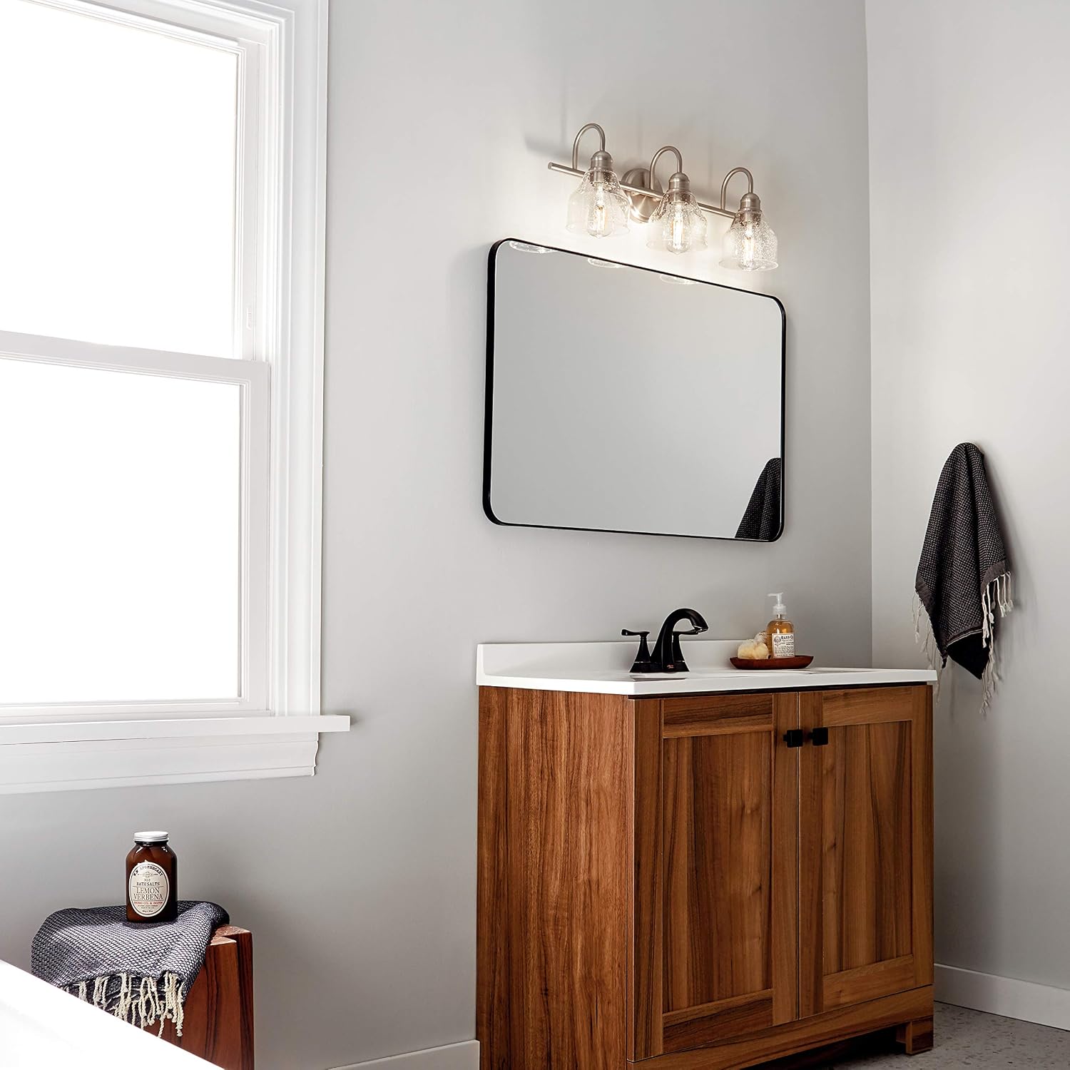 Kichler Avery 24' 3 Light Bathroom Vanity Light in Brushed Nickel, Vintage Bathroom Wall Mount Fixture with Clear Seeded Glass, (24' W x 9.25' H), 45973NI