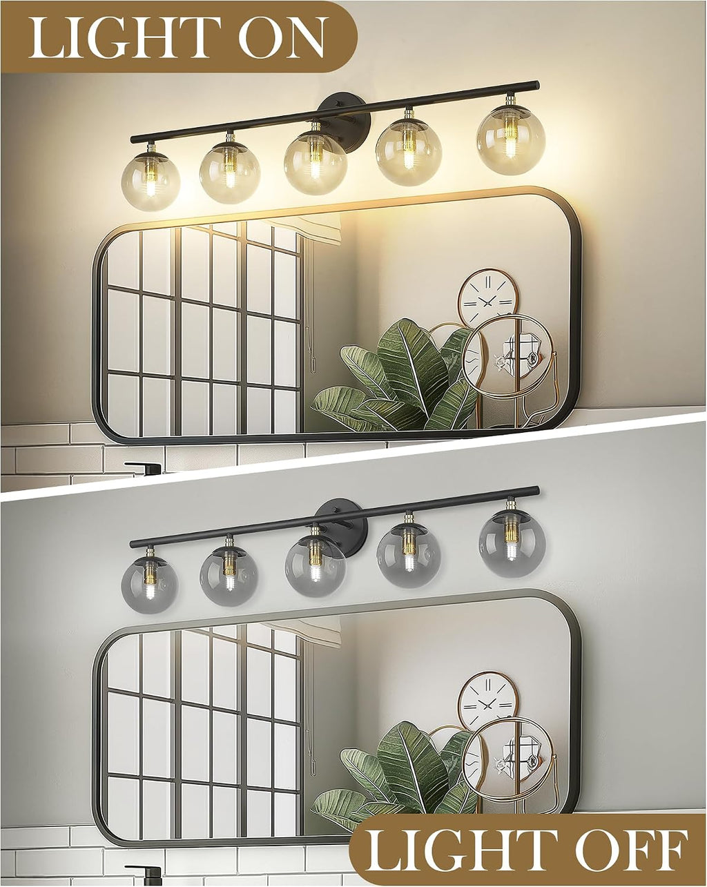 LMS 5-Light Matte Black Vanity Light, Modern Bathroom Lighting Over Mirror, Black and Brass Gold Finish with Globe Glass Shade, LMS-116-5