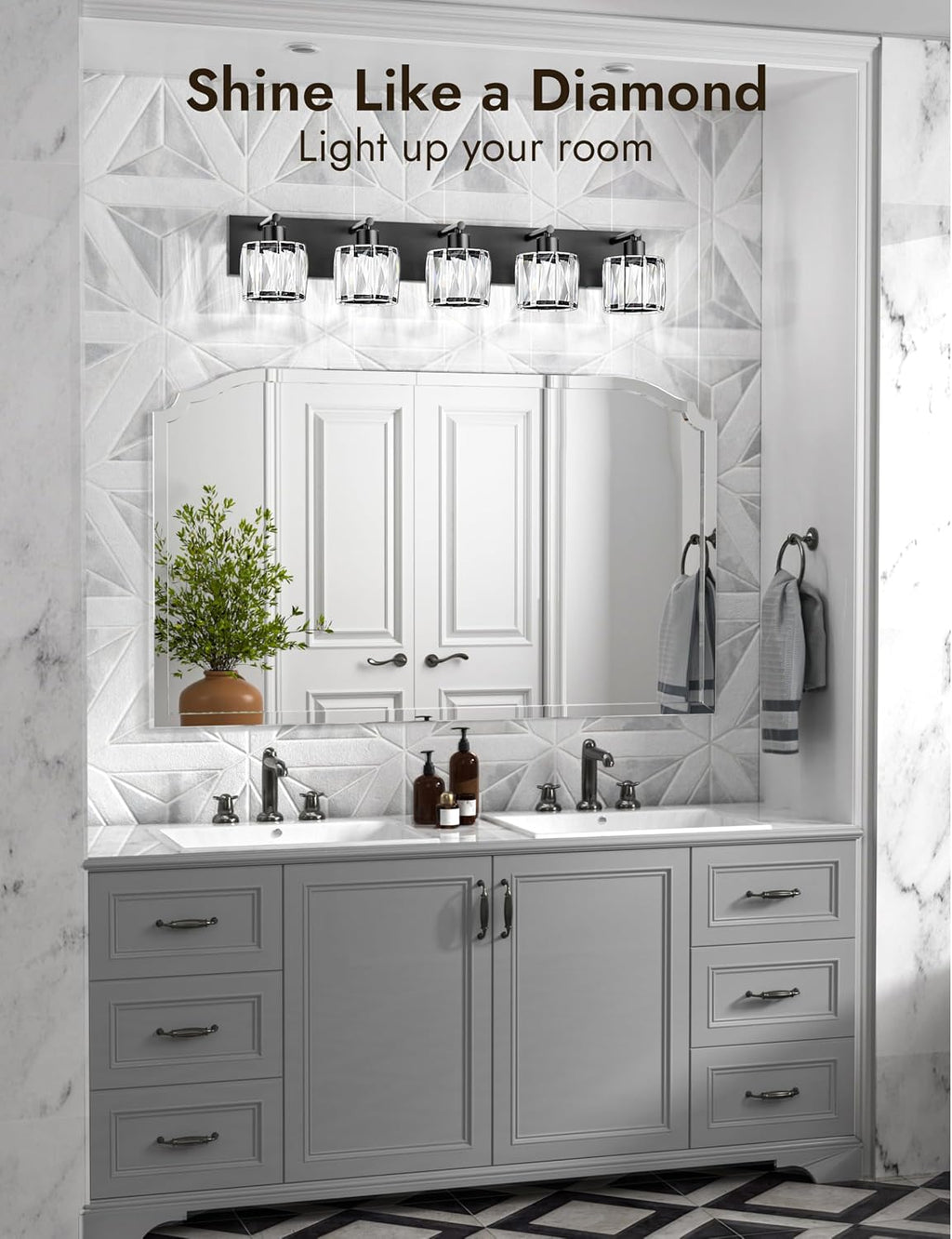 VOLISUN Crystal Vanity Lights for Bathrooms, 5 Light Bathroom Vanity Light, Modern Matte Black Bathroom Light Over Mirror, Black Bathrooms Lights Fixtures-UL Certificated(Exclude Bulb)