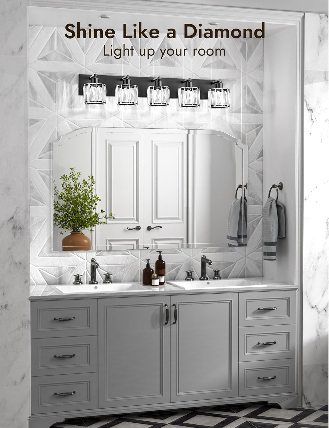 VOLISUN Crystal Vanity Lights for Bathrooms, 5 Light Bathroom Vanity Light, Modern Matte Black Bathroom Light Over Mirror, Black Bathrooms Lights Fixtures-UL Certificated(Exclude Bulb)
