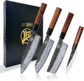 MITSUMOTO SAKARI 4-Piece Japanese Chef Knife Set, 9Cr18MoV Steel | Gyuto, Santoku, Nakiri and paring knives, 3-layer 9Cr18MoV steel, rosewood handles, sandalwood box