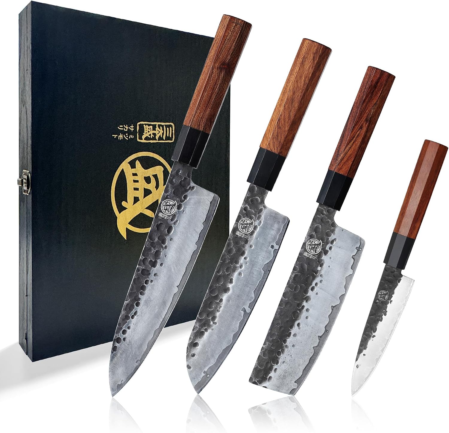 MITSUMOTO SAKARI 4-Piece Japanese Chef Knife Set, 9Cr18MoV Steel | Gyuto, Santoku, Nakiri and paring knives, 3-layer 9Cr18MoV steel, rosewood handles, sandalwood box