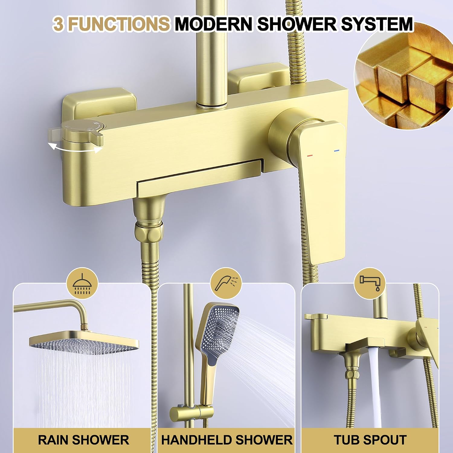 Shower Systems with 12 x8 Inches Rain Shower Head,Brushed Gold Exposed Pipe Shower System,3 Functions Tub Shower Faucet Sets,Overhead Shower System with Handheld