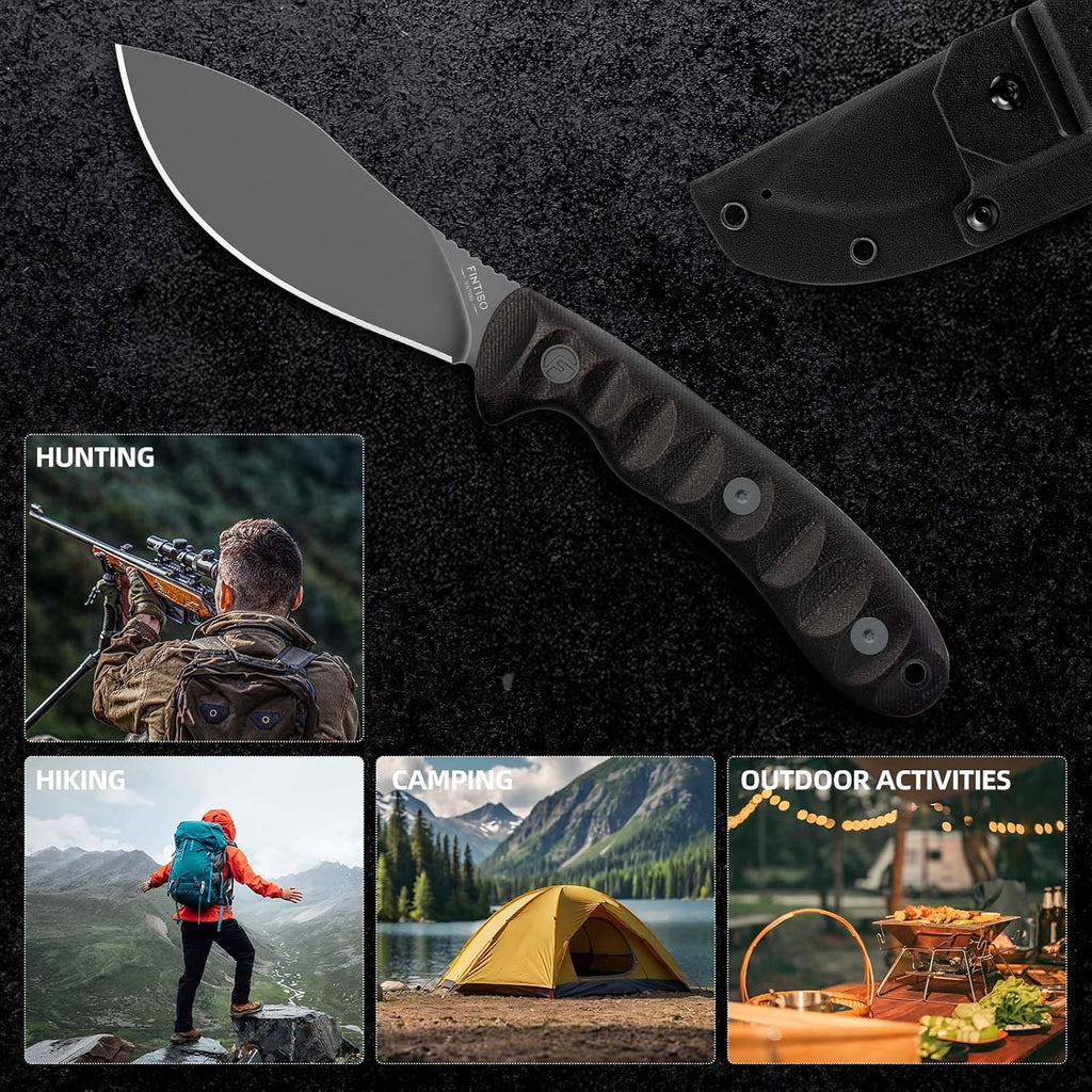 FINTISO Nazar Fixed Blade Knife with Kydex Sheath, 4.24' 14C28N Blade Black G10 Handles, Titanium-coated, Full Tang Design, Lanyard, for Men Outdoor Activities, Camping, Hiking, EDC Carry.