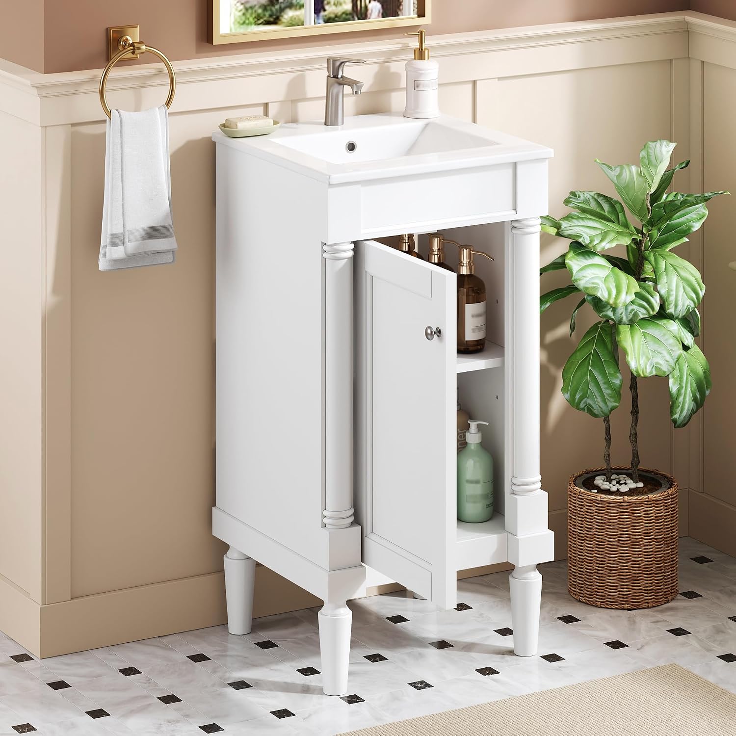 Virubi 18 Inch Bathroom Vanity with Sink, Small Bathroom Vanity for Powder Room, Adjustable Shelf and Soft-Close Door, Solid Wood Frame Bathroom Storage Cabinet(White)