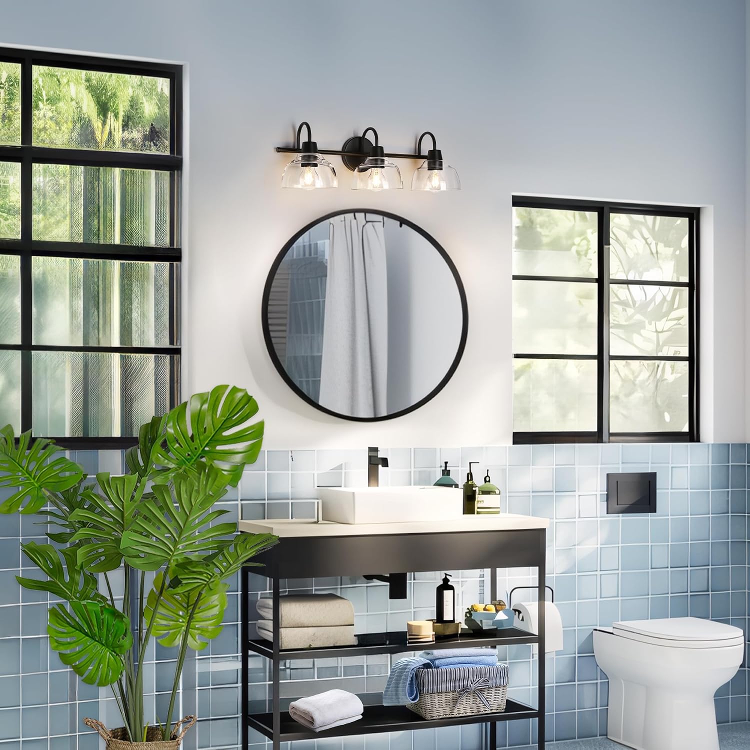 KSANA Black Bathroom Light Fixture, 3-Light Vanity Light with Large Opening Clear Glass Shade, Modern Farmhouse Wall Lamp Over Mirror