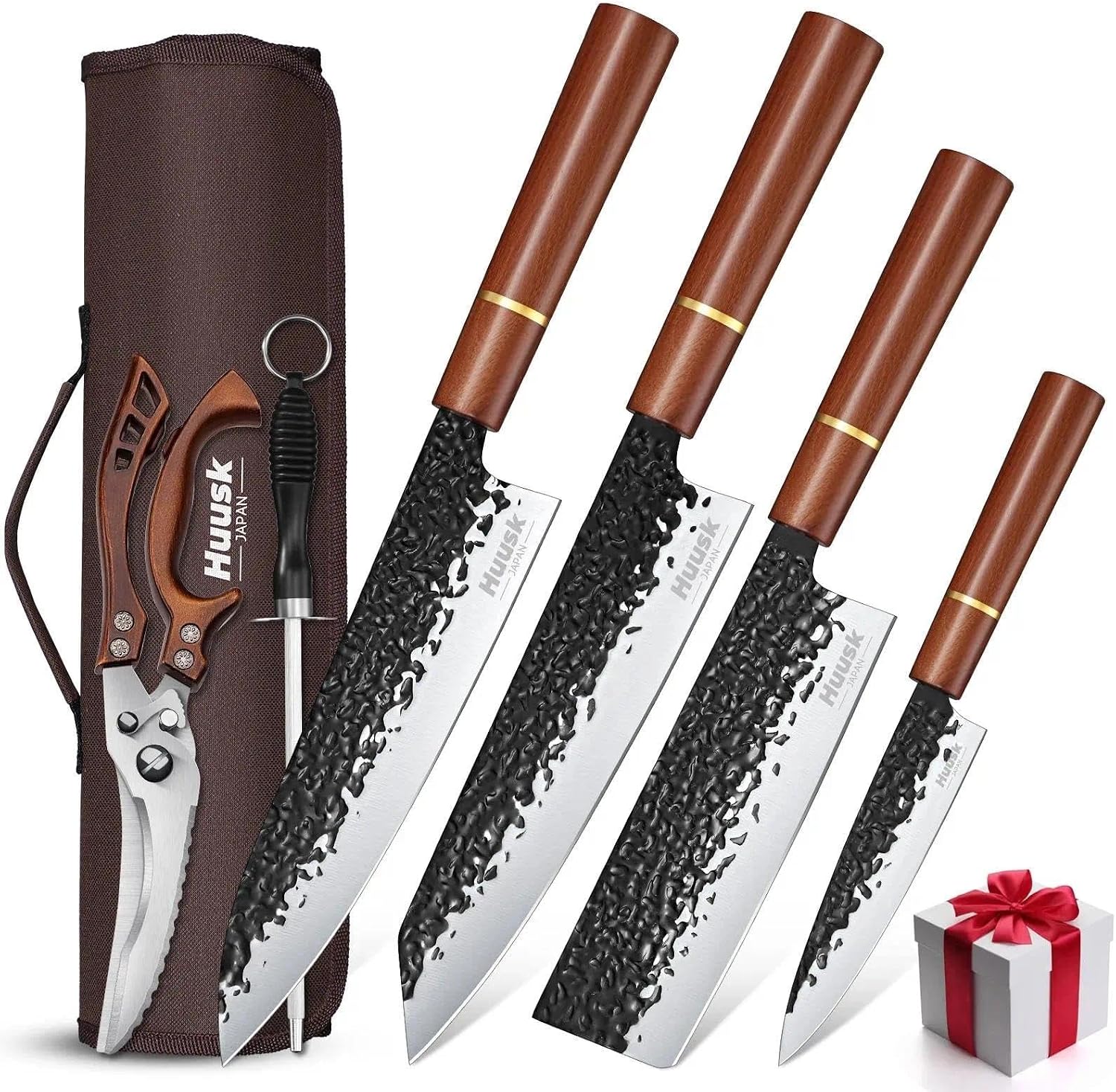 Huusk Japanese Knife Set 6pcs with Covers - Professional Chef Knife Set with Bag & Sharpener, High Carbon Steel Forged Knives Sets with Scissors, Japanese Kitchen Knives Sets, Fathers Day Gift