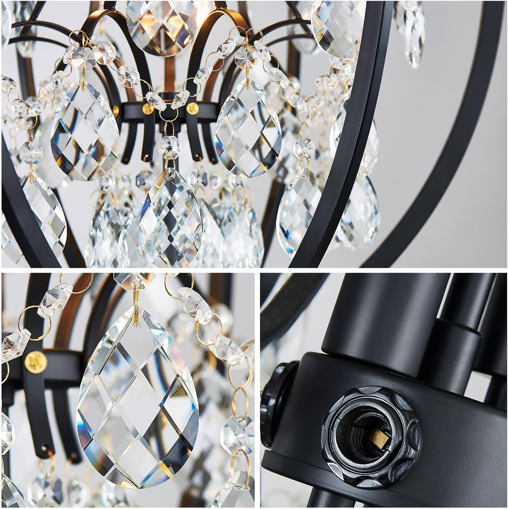 WUZUPS Globe Crystal Chandelier Raindrop Pendant Flushmount Ceiling Light Modern Lighting Fixture for Bedroom Hallway Bar Kitchen Bathroom, H 23.6' x W 19.7', Black, 8 E12 Base
