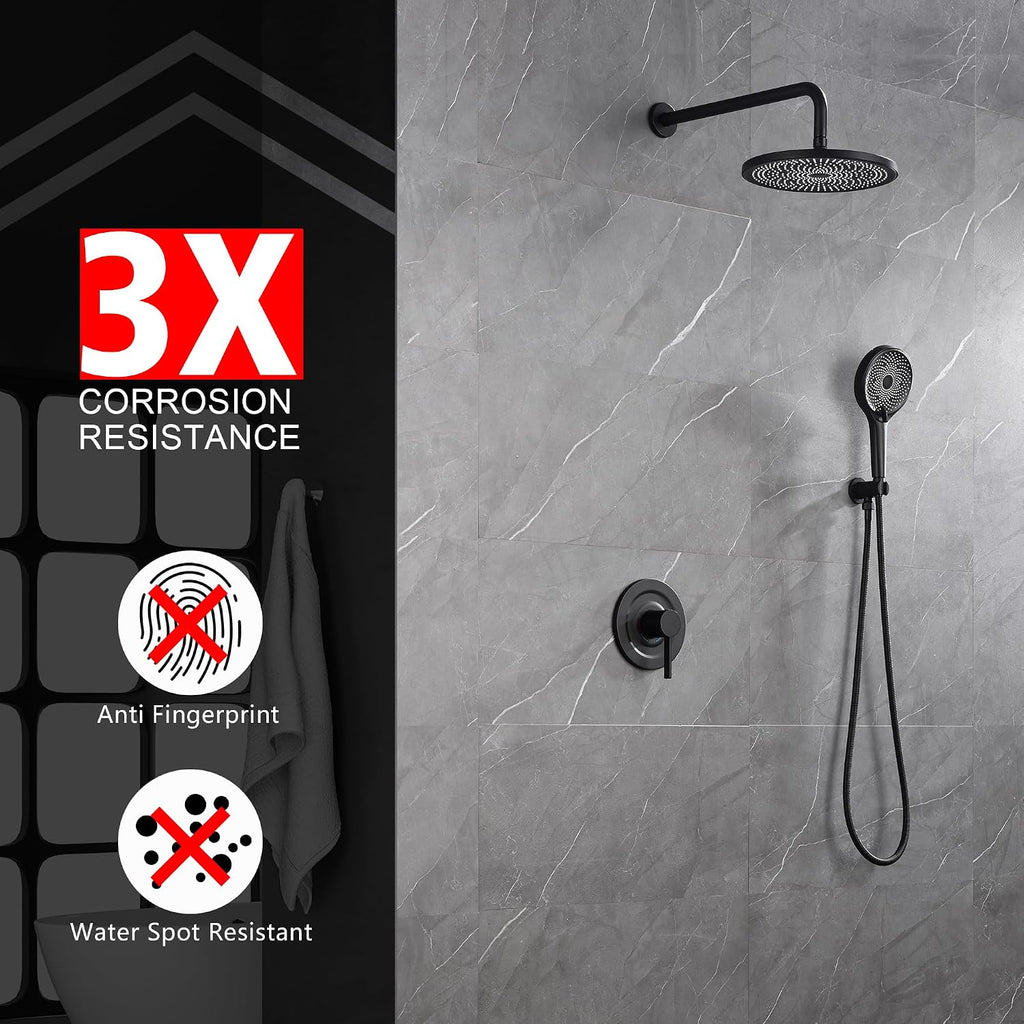 sumerain Matte Black Concealed Shower Faucet Set, Rain Shower System with 10 Inch Shower Head,Shower Fixtures with Handheld Spray Included Valve and Trim Kit