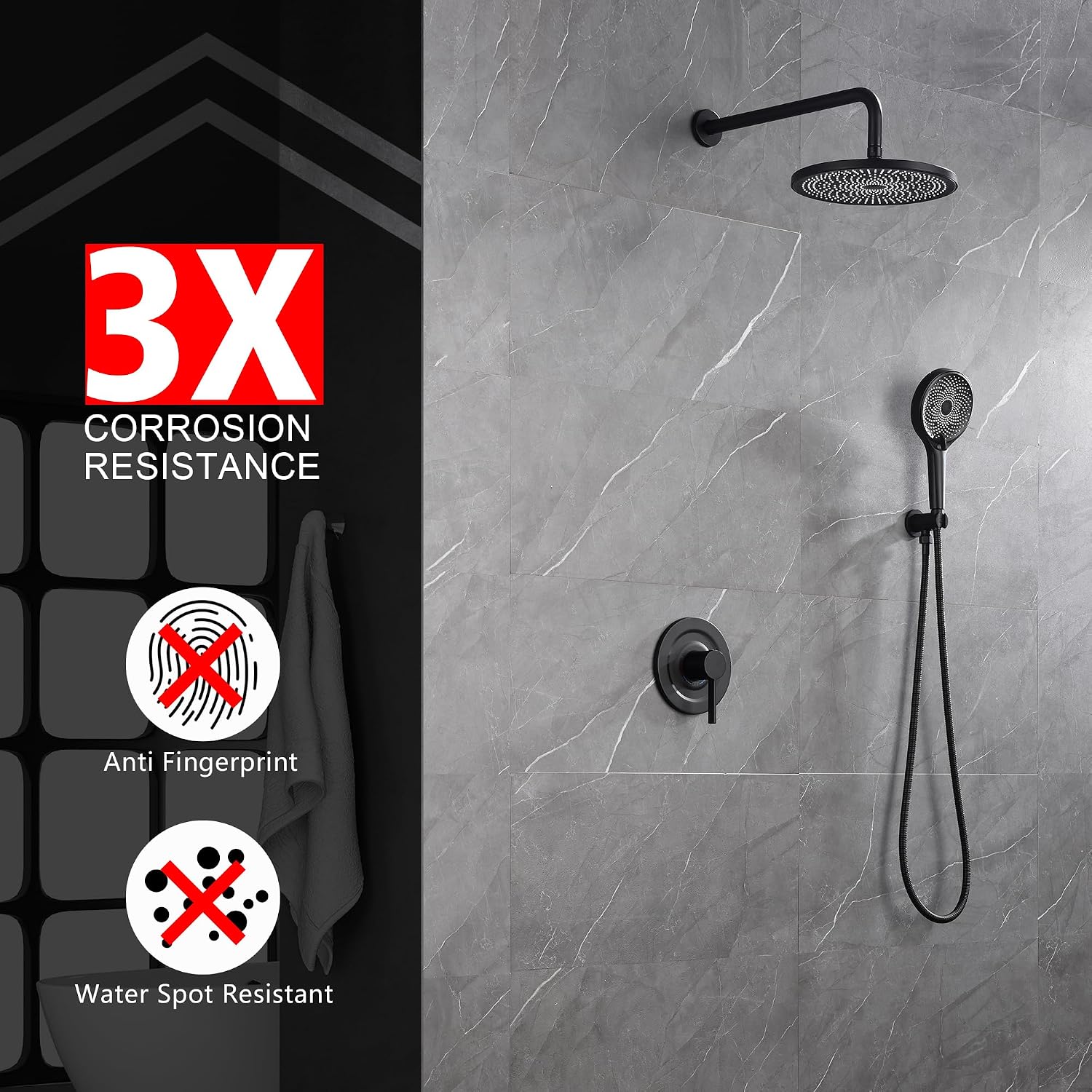 sumerain Matte Black Concealed Shower Faucet Set, Rain Shower System with 10 Inch Shower Head,Shower Fixtures with Handheld Spray Included Valve and Trim Kit