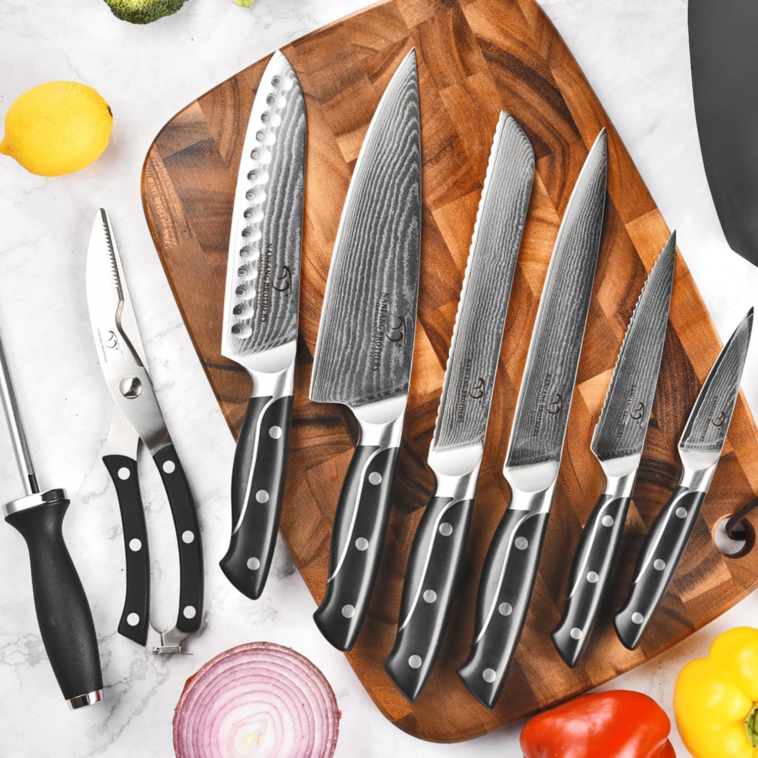 Damascus Kitchen Knife Sets, 9 Pieces Kitchen Knives Set with Block, ABS Ergonomic Handle for Chef Knife Set, Knife Sharpener and Kitchen Shears, Knife Block Set