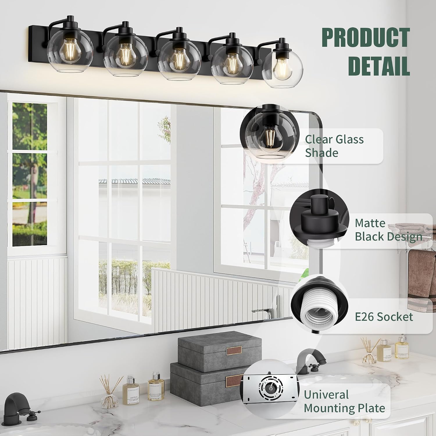 5 Light Bathroom Light Fixtures-Matte Black Bathroom Vanity Lights, Modern Vanity Lights 5-Light Bathroom Lighting Fixtures Over Mirror with Clear Glass Globe Shade