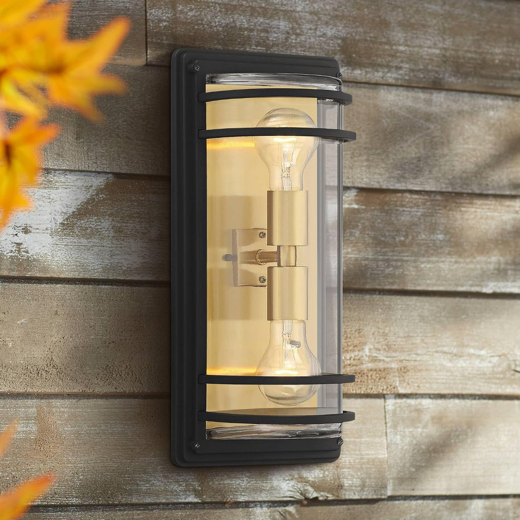 John Timberland Habitat Modern Industrial Wall Light Sconces Set of 2 Black Warm Brass Hardwire 7 1/2' Fixture Clear Glass Shade for Bedroom Bathroom Bedside Vanity Living Room Home Hallway