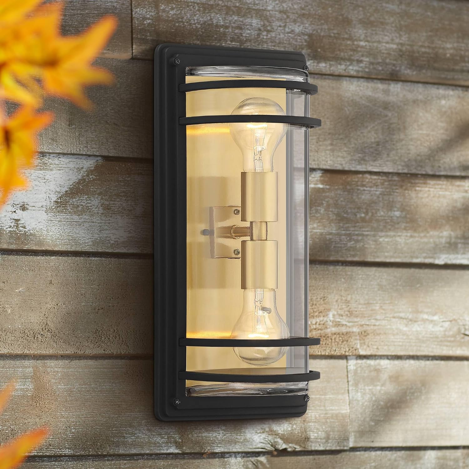 John Timberland Habitat Modern Industrial Wall Light Sconces Set of 2 Black Warm Brass Hardwire 7 1/2' Fixture Clear Glass Shade for Bedroom Bathroom Bedside Vanity Living Room Home Hallway
