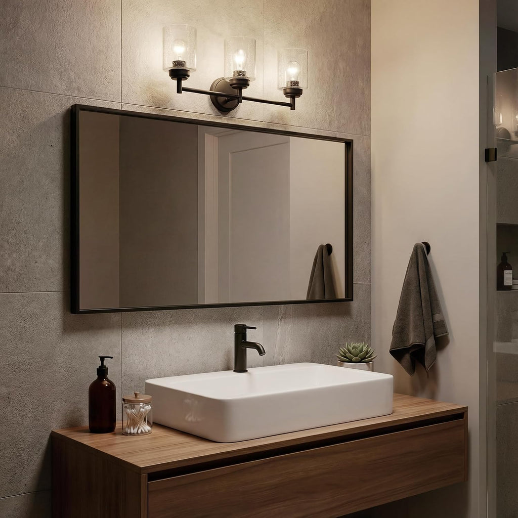 Kichler Winslow 21.5' 3-Light Bathroom Vanity Light Fixture with Clear Seeded Glass in Black, Modern Wall Mount Lighting for Mirror over Vanity in Bathroom, 45886BK