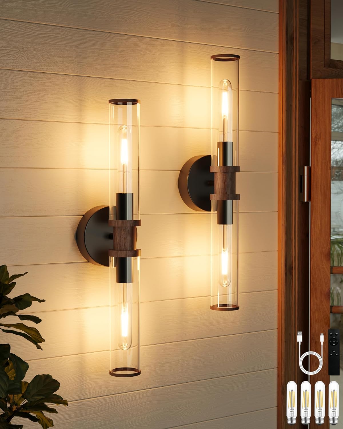 Rayogale Black & Walnut Wireless Battery Operated Wall Sconces with Remote | Glass Rechargeable Wall Lights Set of 2 with Timer Function Dimmable for Living Room Bedroom Emergency 3000K, 20.5 Inch