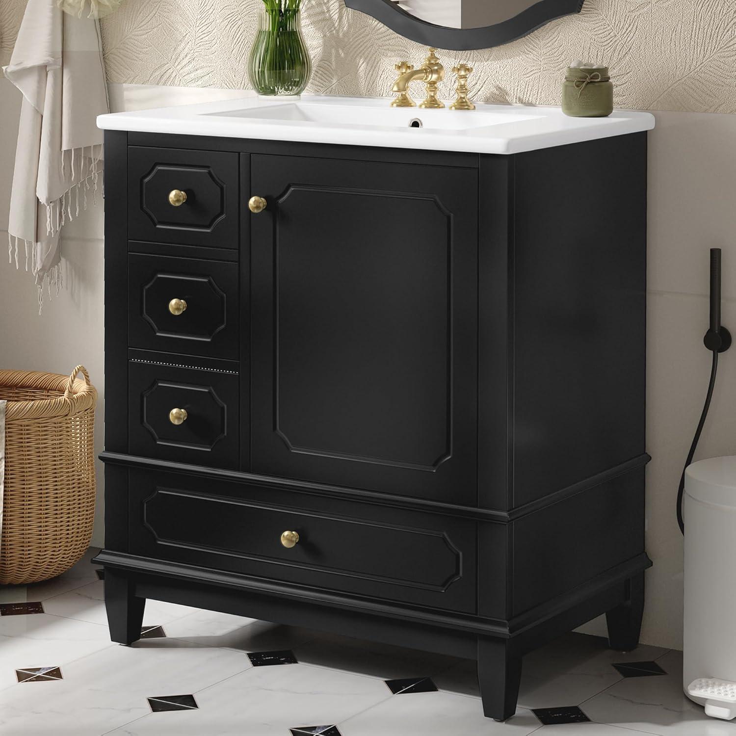 30' Bathroom Vanity with Sink, Harper & Bright Designs Free Standing Single Vanity Set with 3 Drawers and One Door with Storage Racks, Solid Wood Storage Cabinet with Ceramic Basin for Bathroom, Black