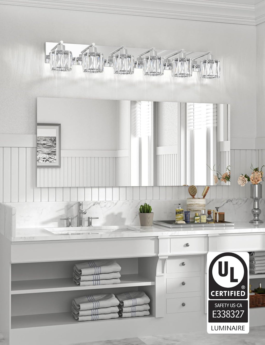 VOLISUN Crystal Vanity Lights for Bathroom, 6 Light Modern Stainless Steel Bathroom Light Fixtures Over Mirror, Chrome Bathrooms Lights Fixtures - UL Certificated (Exclude Bulb)