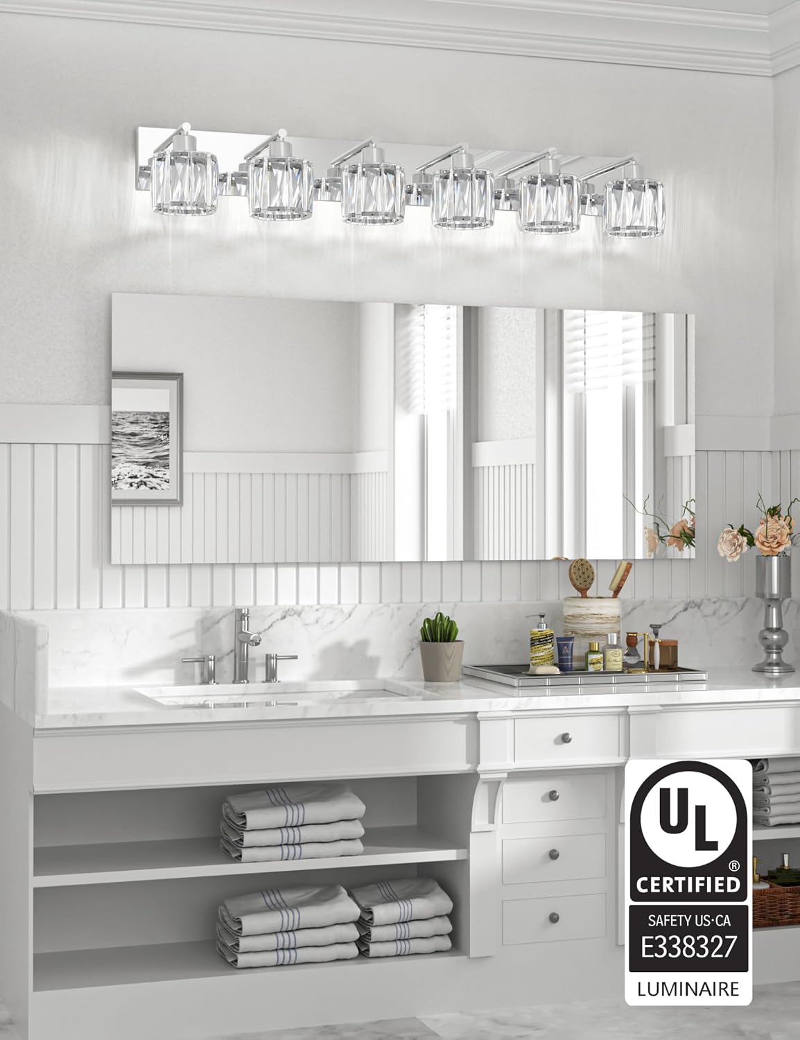 VOLISUN Crystal Vanity Lights for Bathroom, 6 Light Modern Stainless Steel Bathroom Light Fixtures Over Mirror, Chrome Bathrooms Lights Fixtures - UL Certificated (Exclude Bulb)
