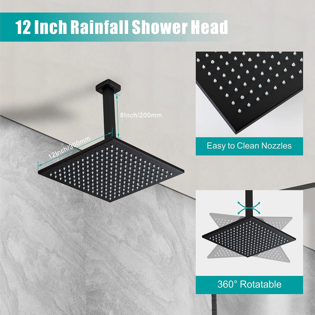 SKOWLL Matte Black Shower Faucet Set, High Pressure Ceiling 12 Inch LED Shower Head with Handheld Bathroom Full Body Shower System Include 6 Body Spray Jet