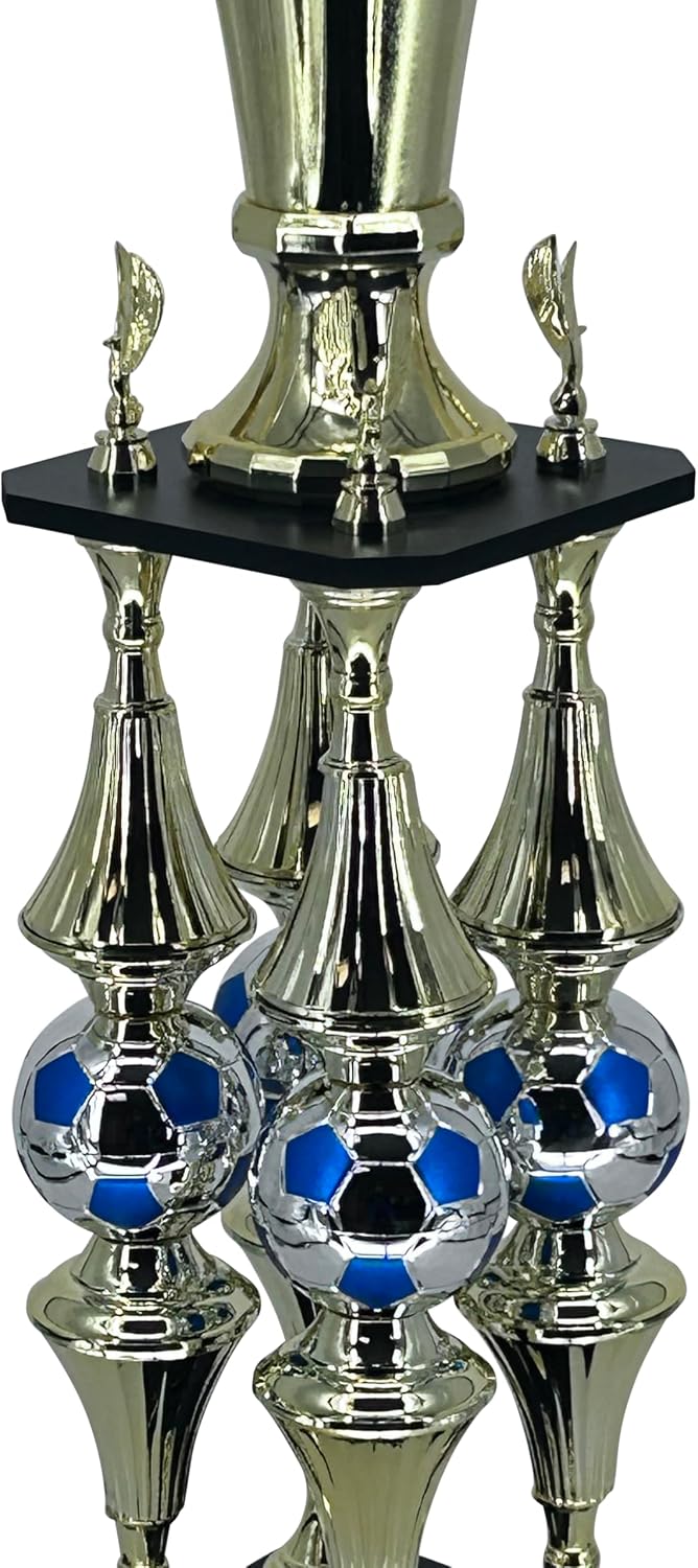Express Medals Deluxe Soccer Championship Trophy, 41-Inch Gold Tower with Silver Blue Ball Accents, 4-Tier Design