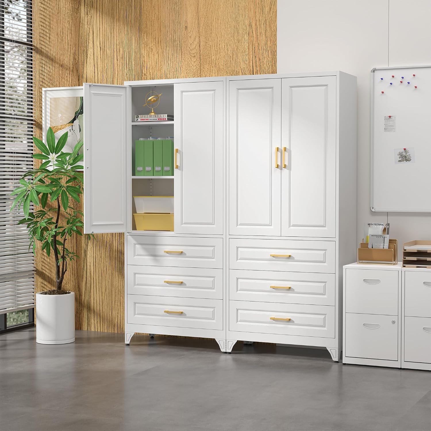 SteeLoong 75' Kitchen Pantry Cabinet with 3 Drawer,Metal Storage Cabinets with Doors and 4 Adjustable Shelves,White Kitchen Cabinet with 2 Gold Handles,Food Cupboard for Livingroom,Pantry, Bathroom