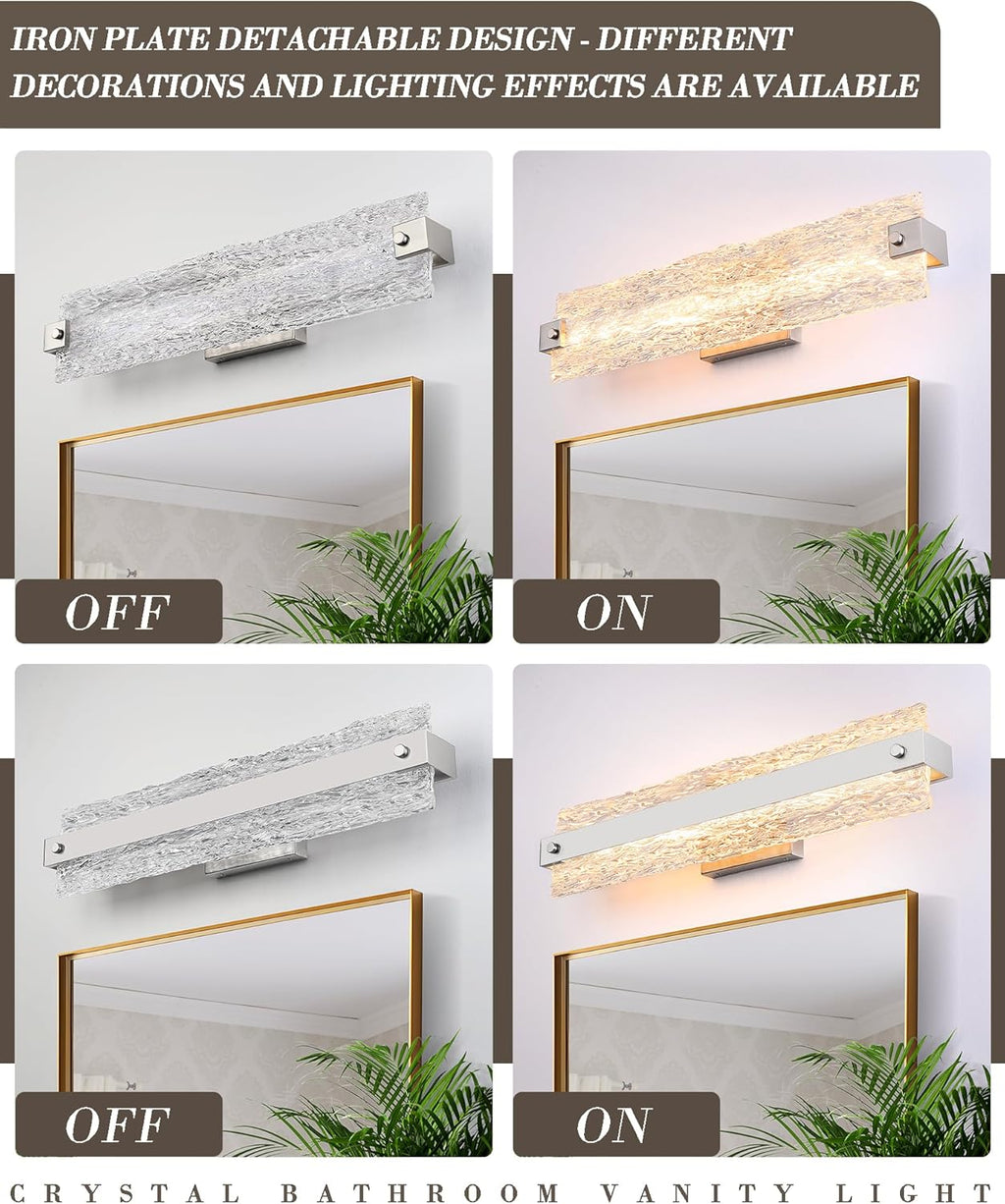 Brushed Nickel LED Bathroom Vanity Light, 24.4 Inch 15W Modern Dimmable Bathroom Light Fixture Over Mirror, Crystal Bar Wall Sconce Lighting for Bath, 3CCT, OS-MM5001-3BN