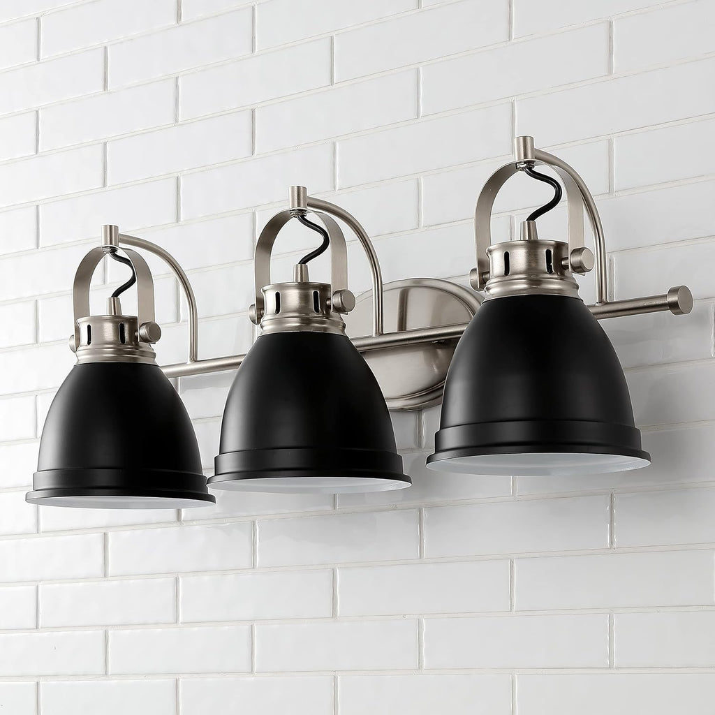 JONATHAN Y 25.5' Black/Nickel 3-Light LED Vanity Light, Adjustable Wall Sconce for Bathroom Mirror, Farmhouse Bohemian Kitchen Light, Iron Black Bell Shade (JYL1116A)