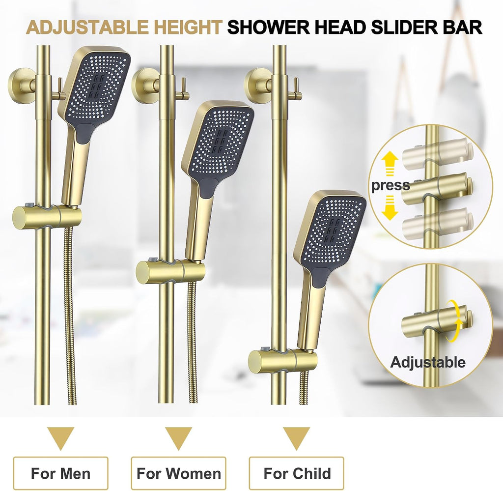 Shower Systems with 12 x8 Inches Rain Shower Head,Brushed Gold Exposed Pipe Shower System,3 Functions Tub Shower Faucet Sets,Overhead Shower System with Handheld