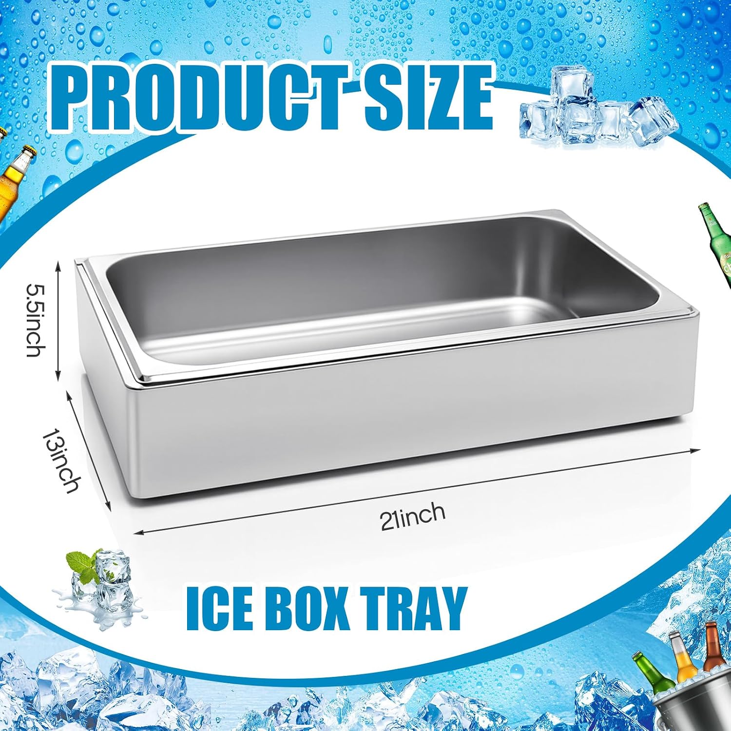Honeydak Large Ice Housing Bin with Removable Tray Ice Holder Container Wine Beer Champagne Drink Bucket Beverage Tub for Freezer Display Buffet Counter Party Chiller(Stainless Steel,21' X 13' X 5.5')