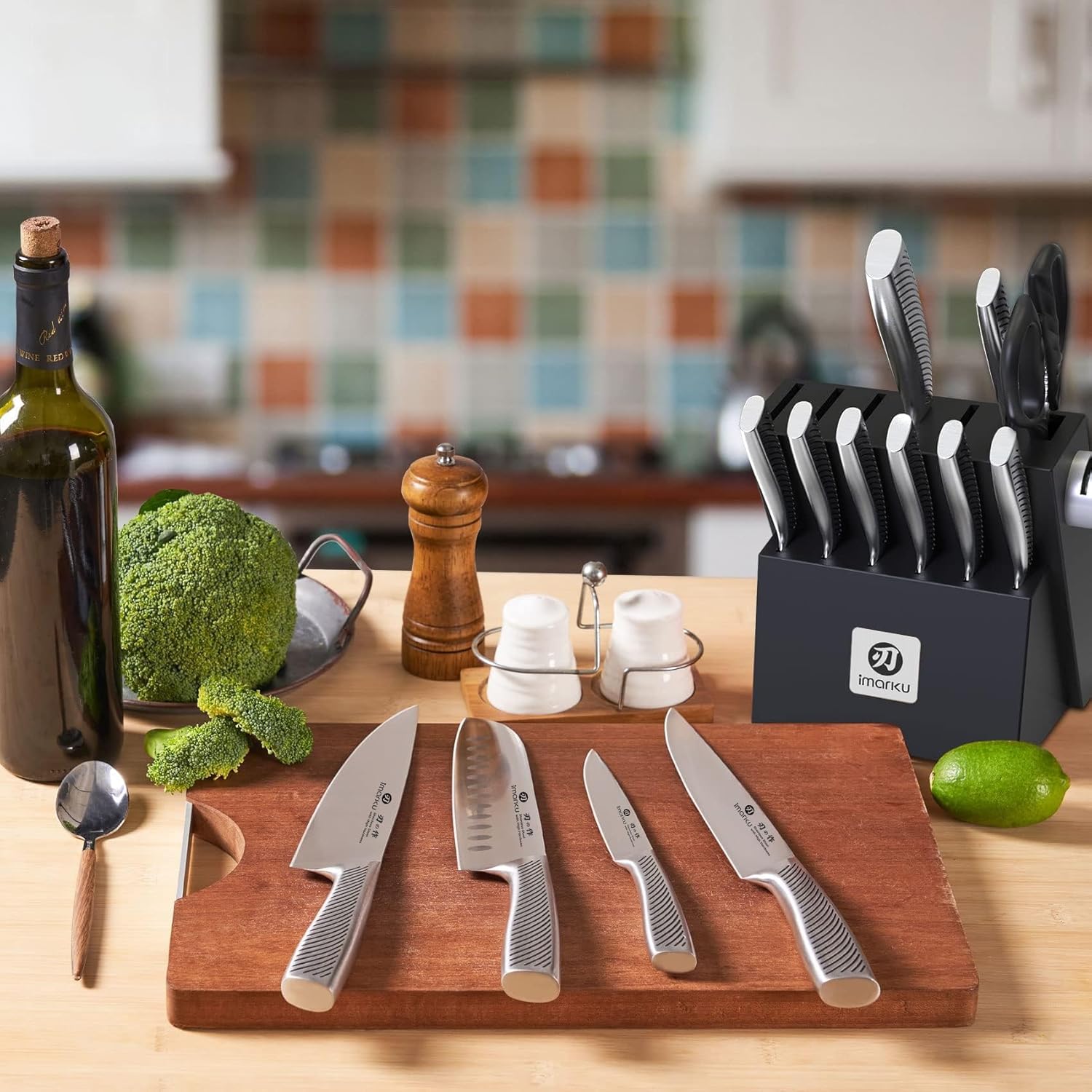 imarku 14-Piece Knife Block Set, Knife Set with Block and Build-in Sharpener, Japanese Stainless Steel Knife Set for Lasting Sharpness, Dishwasher Safe, Black