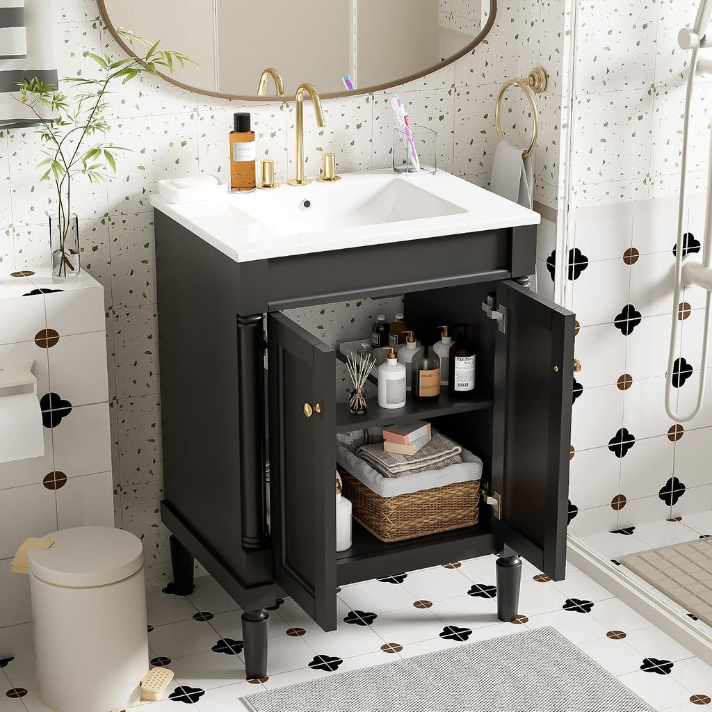 Virubi 24 Inch Bathroom Vanity with Single Sink Combo Set, Modern Bathroom Storage Cabinet with Double Soft Closing Doors, Solid Wood Frame Bathroom Vanities. (Dark Black)