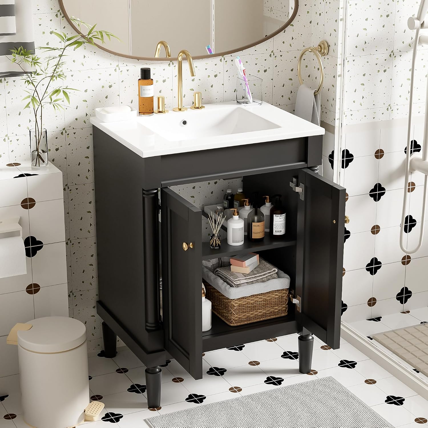 Virubi 24 Inch Bathroom Vanity with Single Sink Combo Set, Modern Bathroom Storage Cabinet with Double Soft Closing Doors, Solid Wood Frame Bathroom Vanities. (Dark Black)