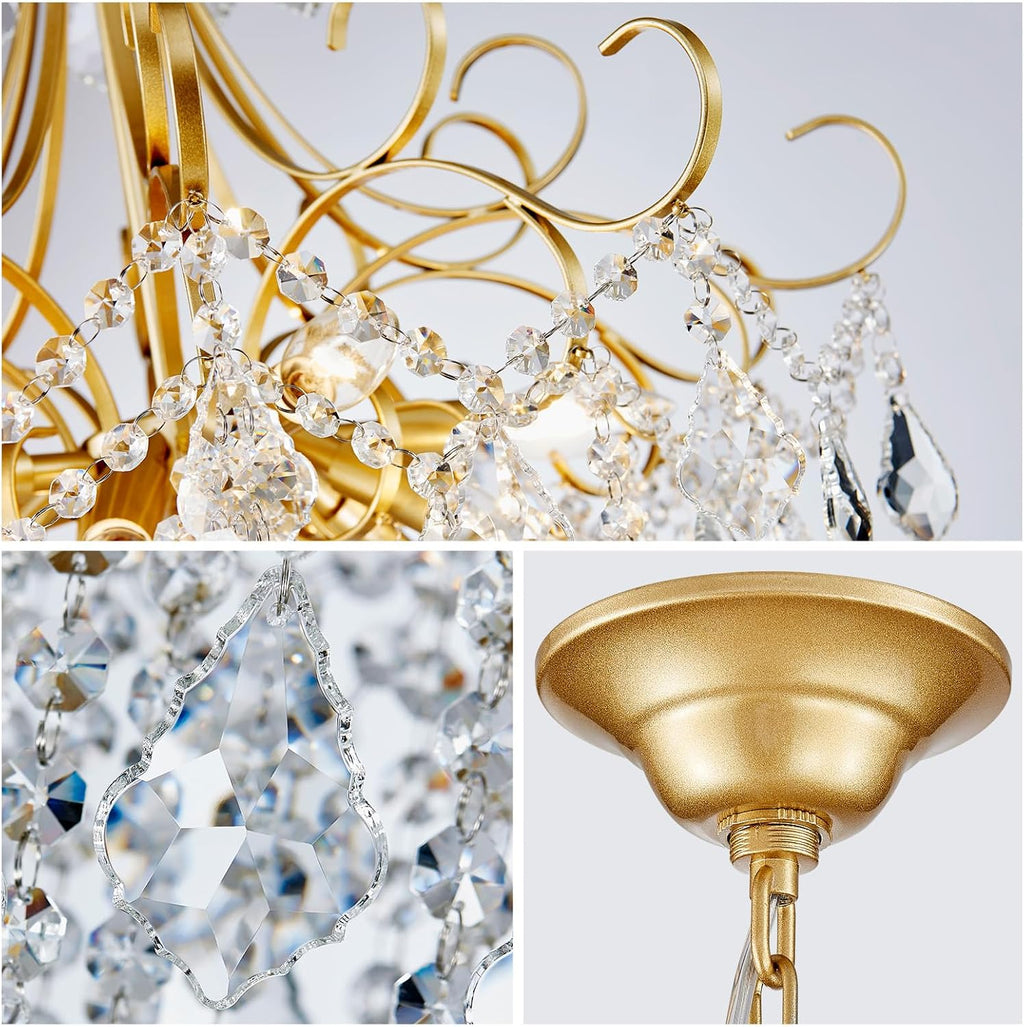 WUZUPS Crystal Chandelier 10-Light Pendant Ceiling Light Modern Lighting Fixture for Dining Room Hallway Bedroom Kitchen Bathroom, H 27.6' x W 22.8', E12 Base, Gold