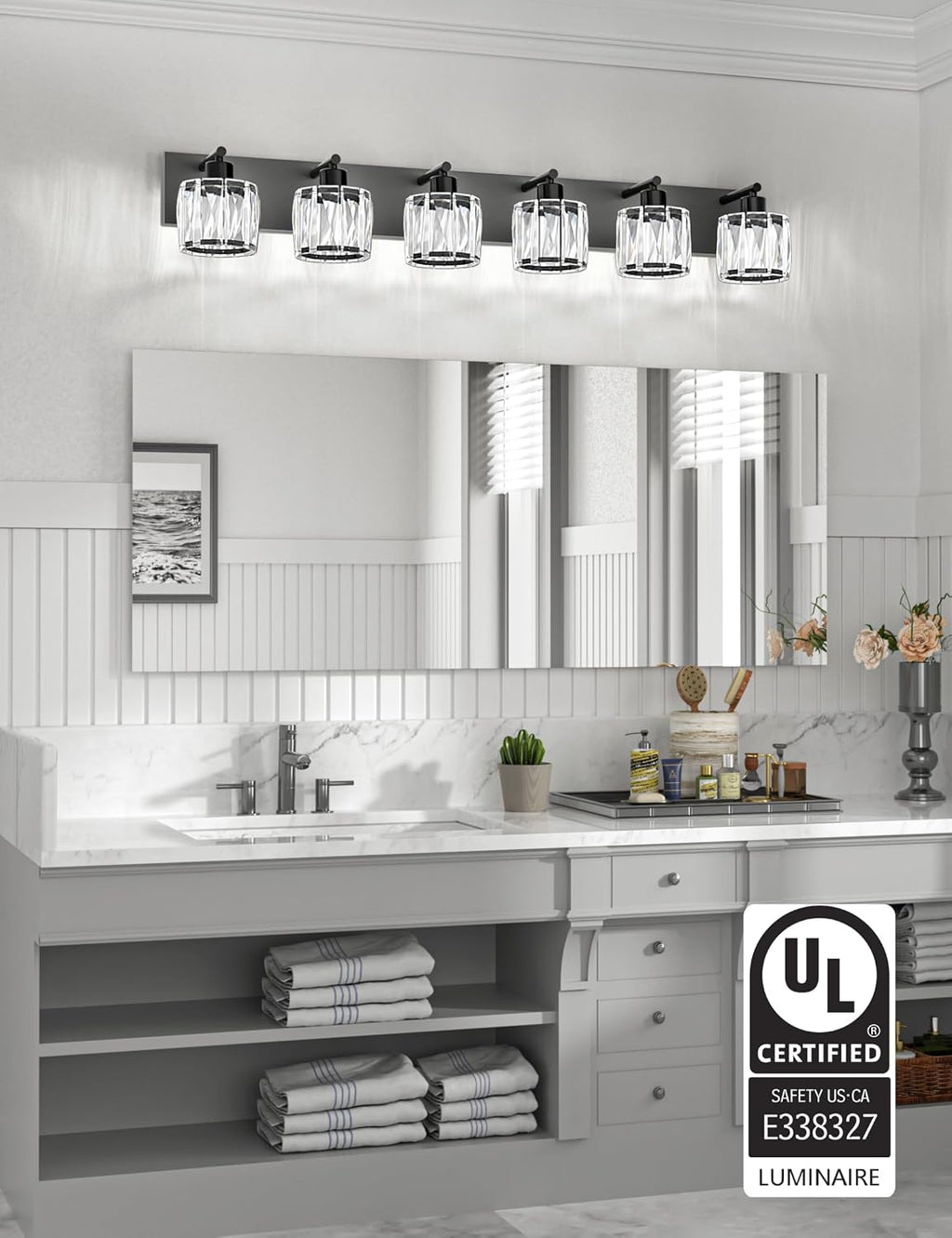 VOLISUN Crystal Vanity Lights for Bathrooms, 6 Light Bathroom Vanity Light, Modern Matte Black Bathroom Light Over Mirror, Black Bathrooms Lights Fixtures-UL Certificated(Exclude Bulb)