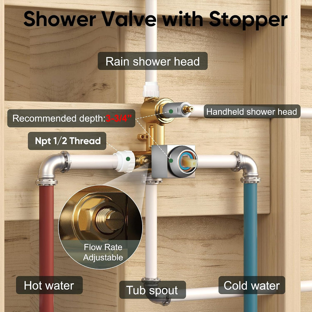 Esnbia Shower System with Tub Spout, Wall Mounted Bathtub Shower Faucet Set, 10 Inch Rain Shower Head and Handheld Shower Head Set, High Pressure Tub Shower Kit with Shower Valve, Brushed Nickel