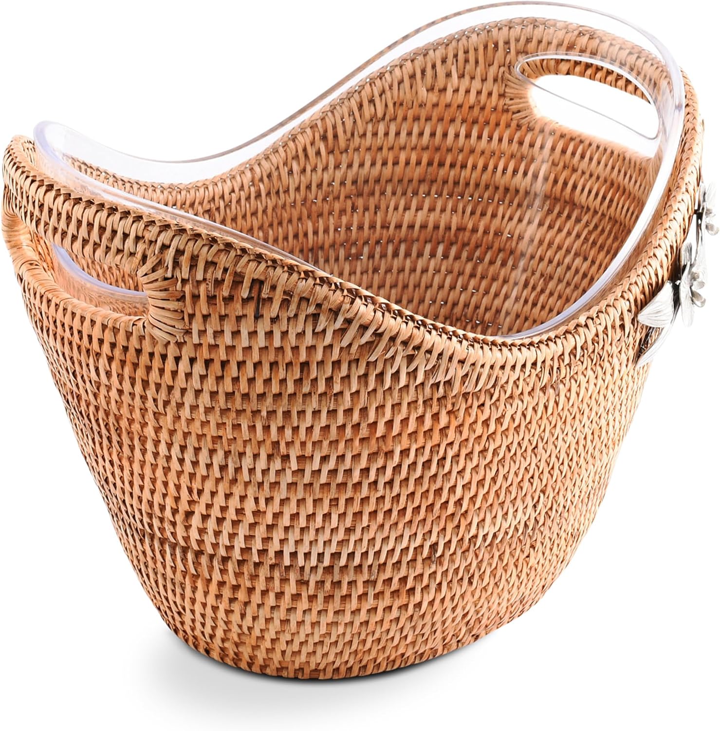 Vagabond House Rattan Wicker Champagne Bucket - Luxury Boho Outdoor Cooler, Ice Holder for Party with Orchid Pewter Accent - Holds Packs of Beer, Wine, Soda Removable Acrylic Lining, Cutout Handles