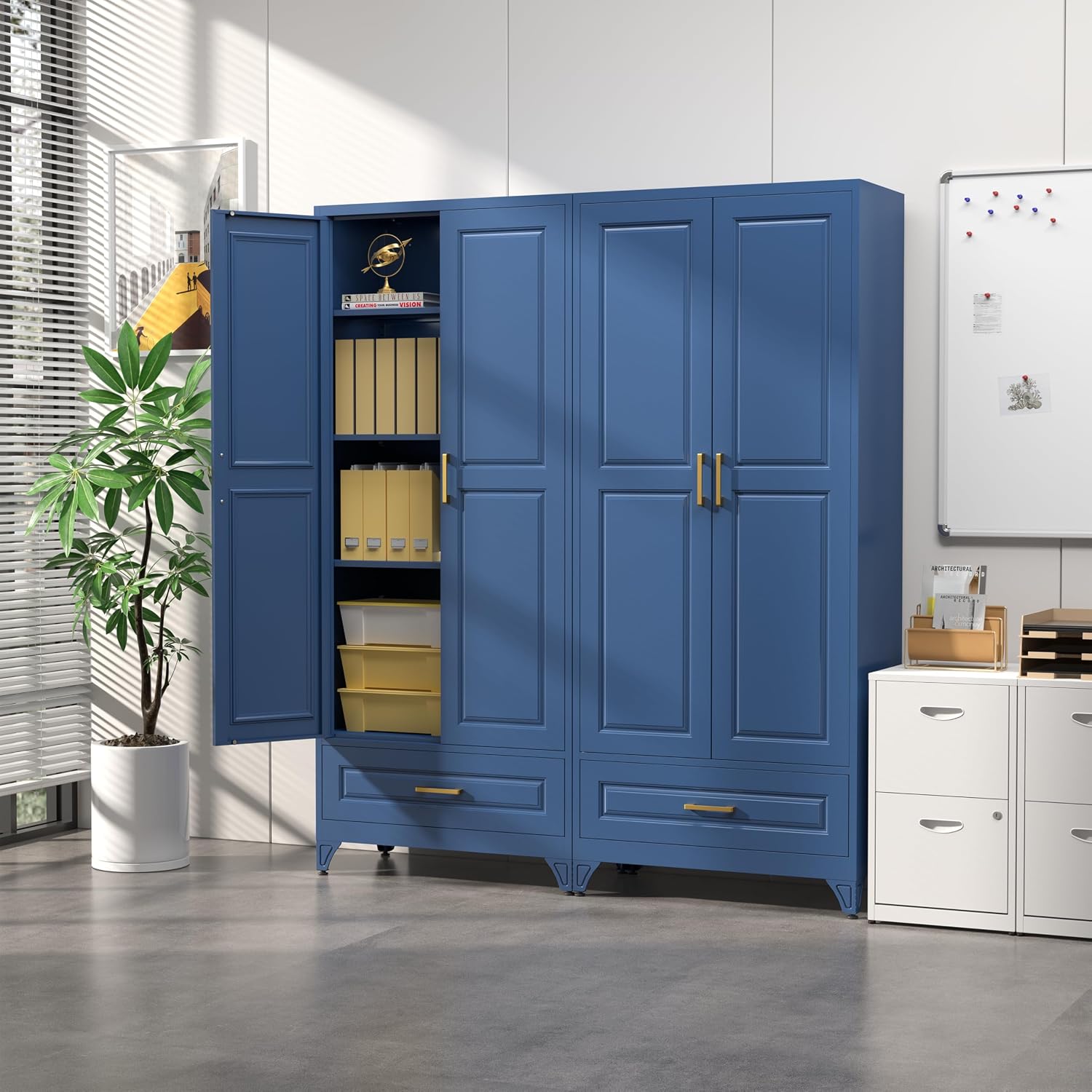 SteeLoong 75' Kitchen Pantry Cabinet with Drawer, Metal Storage Cabinets with Doors and 4 Adjustable Shelves,Blue Kitchen Cabinet with 2 Gold Handles,Food Cupboard for Livingroom,Pantry, Bathroom