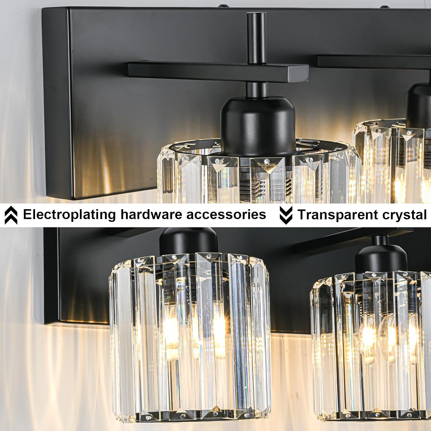 Black Crystal Bathroom Vanity Lights, Modern 4-Lights Bathroom Lighting Fixtures Over Mirror, Crystal Wall Lighting with Round Shade