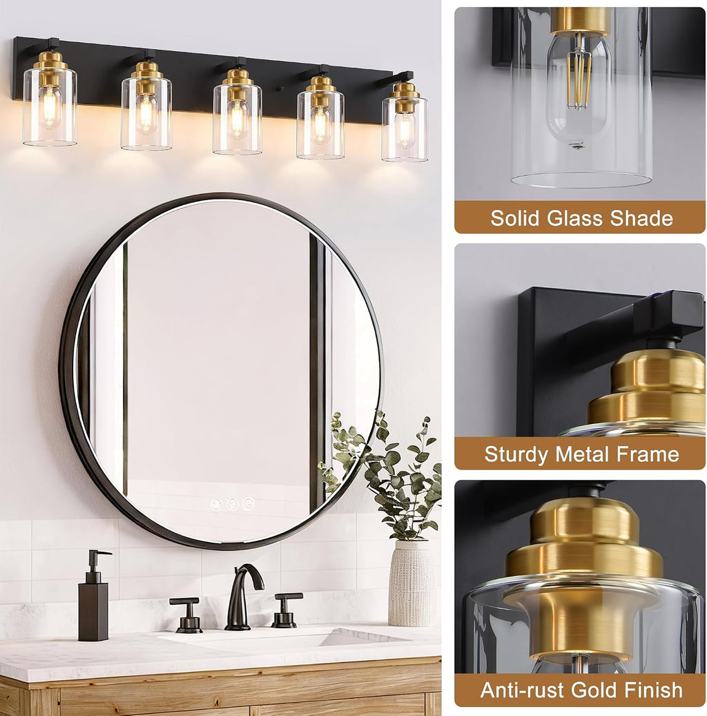 Black and Gold Bathroom Light Fixture, 5 Light Brushed Gold Vanity Light, 35.4' Modern Farmhouse Bathroom Lighting Fixtures Over Mirror, with Clear Glass Shade, Vanity Lights for Bedroom Hallway