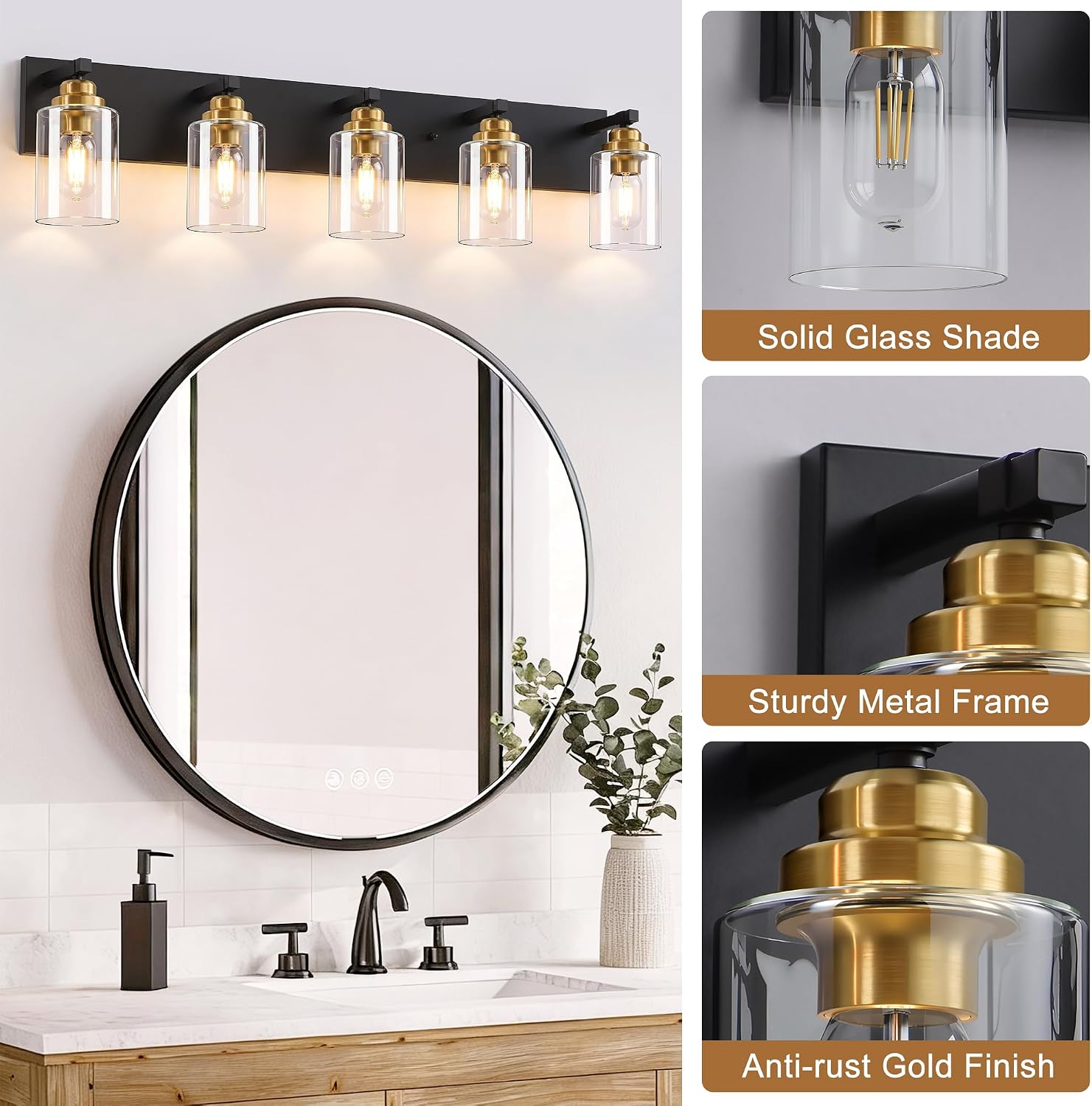 Black and Gold Bathroom Light Fixture, 5 Light Brushed Gold Vanity Light, 35.4' Modern Farmhouse Bathroom Lighting Fixtures Over Mirror, with Clear Glass Shade, Vanity Lights for Bedroom Hallway
