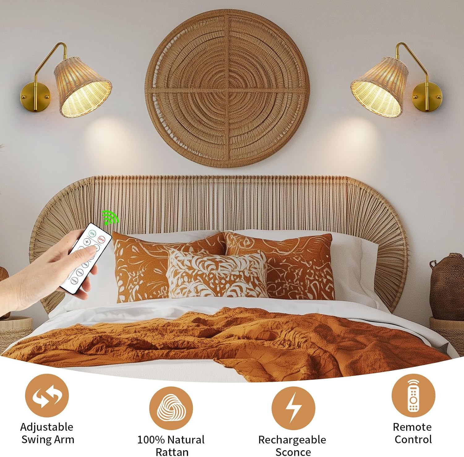 Boho Rattan Rechargeable Wall Sconce,Gold Swing Arm Wall Sconces Set of 2 Battery Operated,4200mAh Battery Operated Wall Sconce,Dimmable Remote Rechargeable Wall Lights for Bedroom,Living Room
