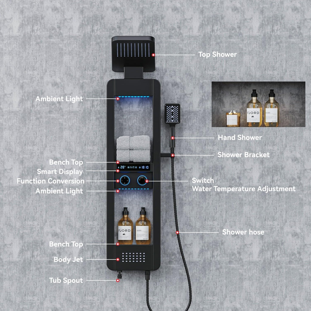 ELLO&ALLO LED Shower Panel Tower System with Shelf, Rainfall Shower Head and Rain Massage System with Body Jets, Stainless Steel Bathroom Fixtures, Matte Black