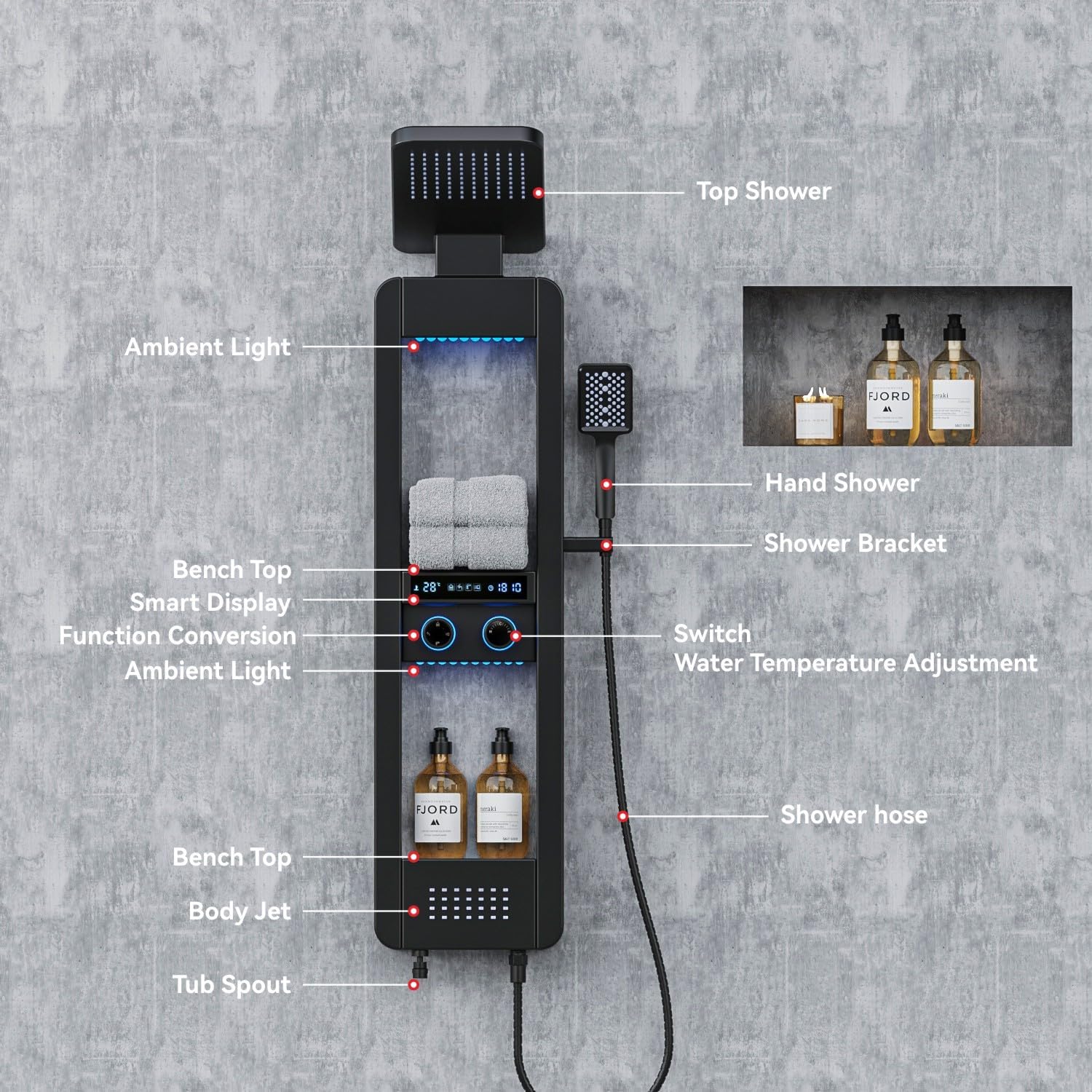 ELLO&ALLO LED Shower Panel Tower System with Shelf, Rainfall Shower Head and Rain Massage System with Body Jets, Stainless Steel Bathroom Fixtures, Matte Black