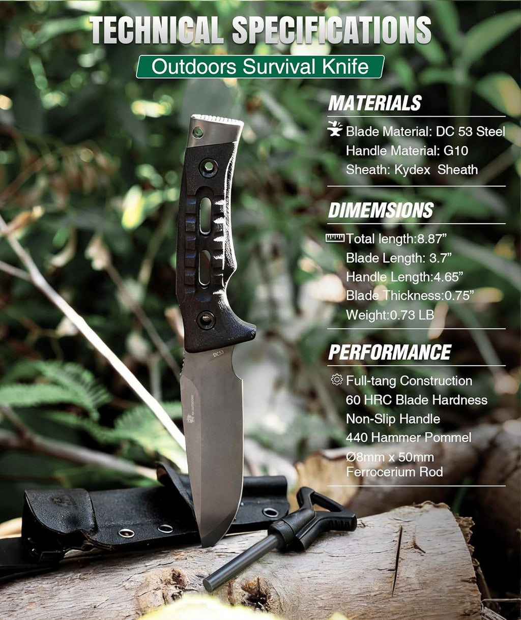 HX OUTDOORS Fixed Blade Camping Knife with Fire Starter, Premium DC53 Steel Full Tang Bushcraft Survival Knife with Kydex Sheath for EDC,Outdoor,Camping,Hiking（Black2