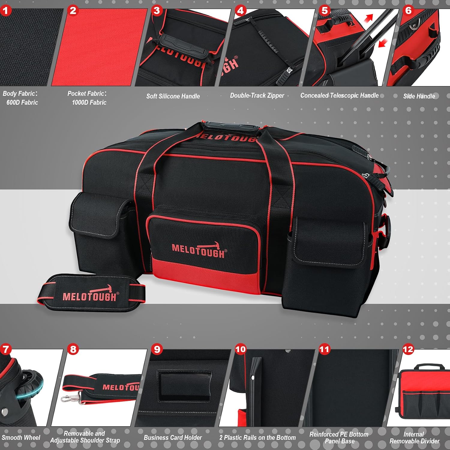 MELOTOUGH Heavy Duty Framing Nail Gun Tool Bag with Extra Storage Pockets Shoulder Strap, Rolling Tool Bag with Wheels with Concealed Telescoping Handle for Electrician,Construction,HVAC,Technician