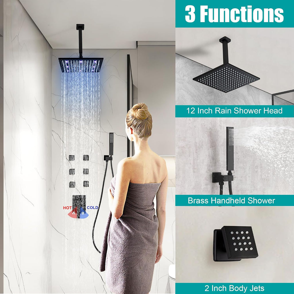 SKOWLL Matte Black Shower Faucet Set, High Pressure Ceiling 12 Inch LED Shower Head with Handheld Bathroom Full Body Shower System Include 6 Body Spray Jet